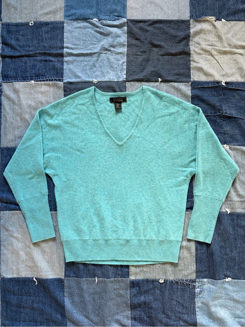 100% 2 ply cashmere tahari knit sweater blue aqua dolman sleeve slouchy size M
